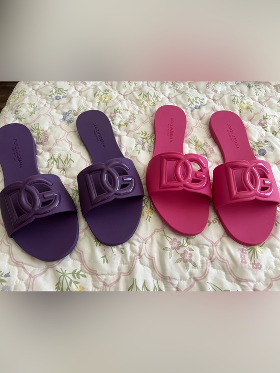 Dolce & Gabbana Shoes - Dolce & Gabbana Purple and Hot Pink DG Logo Slide Sandals